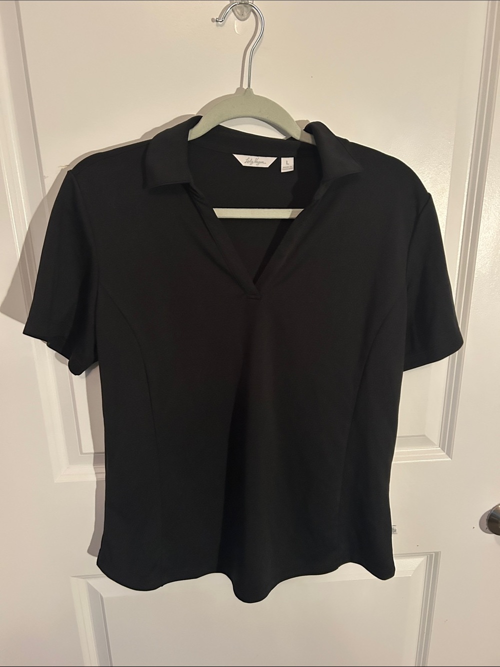 Lady Hagen Black Short Sleeve Collared V-Neck Top